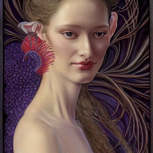 Prompt: portrait of a young attractive nerdy woman in flowing sensual dress, arrogant, long fine flowing hair, delicate, looking at camera, slightly awkward smile, realistic face, hands behind back, stylish, elegant, grimdark fantasy, flowers, extremely detailed painting inspired by Gerald Brom and Ernst Haeckel and Kaluta, studio lighting