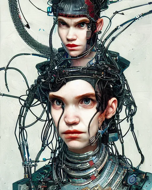 Image similar to grimes!! [ in cyberpunk attire ]!!, made of wires and metallic materials!!, portrait!!, digital art, afrofuturism, tarot card, 4 k, digital art, illustrated by greg rutkowski, max hay, rajmund kanelba, cgsociety contest winner