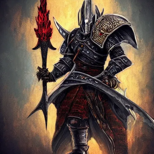 Image similar to three - ply portrait the great death knight dark souls in golden red armor made of polished dragon bones looks relaxed, quantum physics, victorian era