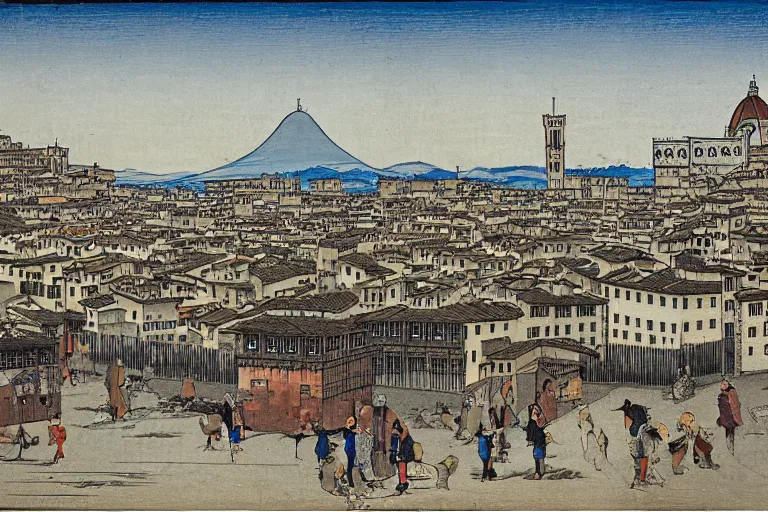 Prompt: florence old street in 1 6 th century with a tower in background by hiroshige utakawa