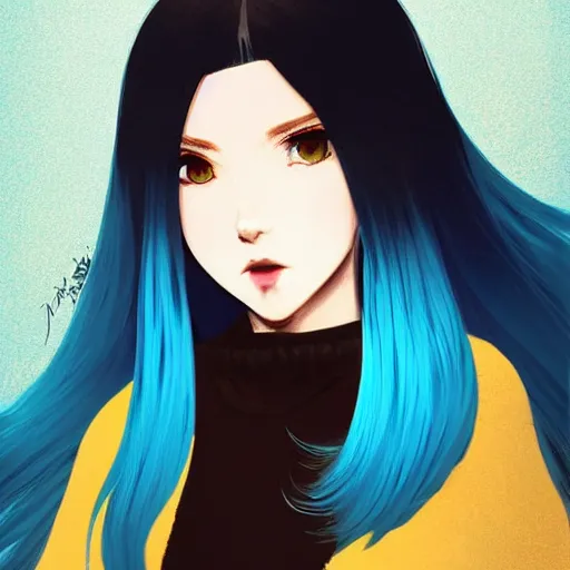 Image similar to ilya kuvshinov with long sky blue hair, gold eyes, amber eyes, boyish face, professional digital painting, black background, wild brush strokes, concept art, award - winning photography, cinematic, wlop, color block, yandere, pop, hip, art by andy warhol, pixiv art, yoshitaka amano