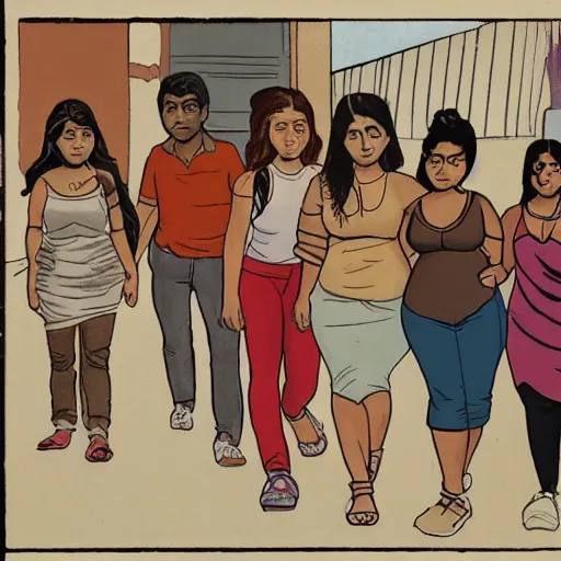 Prompt: cartoon of a short brown indian man migit walking with a young asian woman, a thick white blonde teenage girl, and a thick juicy spanish teenage girl, and a black bodacious babe in a small town in india all wearing clothes