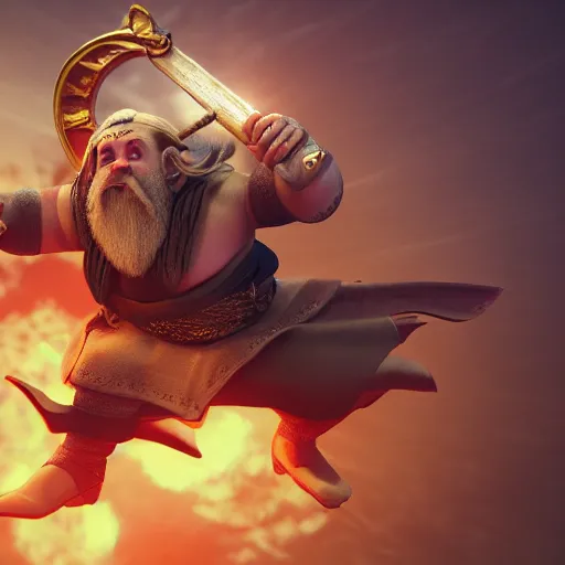 Image similar to dwarven smith riding on top of a sword like a broomstick, soaring, quidditch, 8 k, cinematic, octane render, energetic