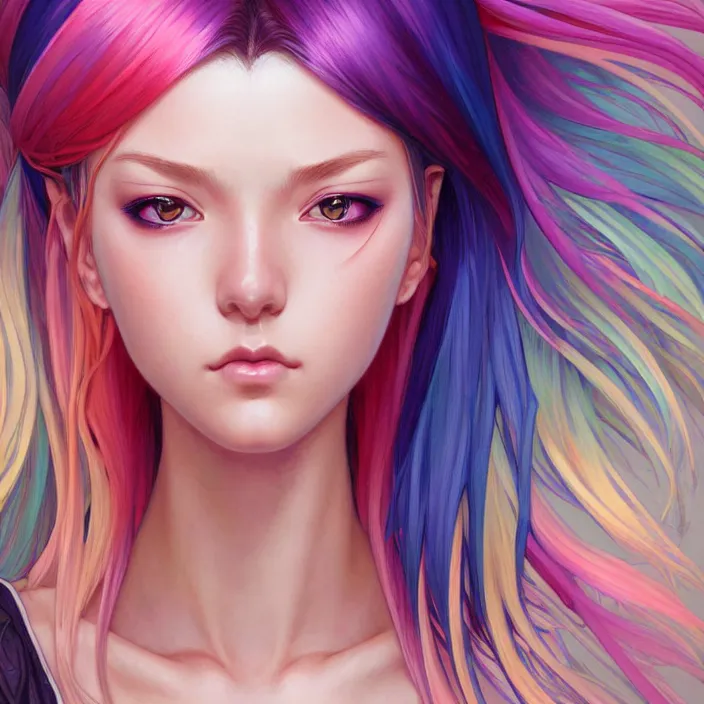 Image similar to portrait of beautiful symmetrical anime girl, rainbow hair, attractive, casual, modern, victoria's secret, highly detailed, digital painting, artstation, concept art, smooth, sharp focus, illustration, art by moebius artgerm, greg rutkowski and alphonse mucha, 8 k,