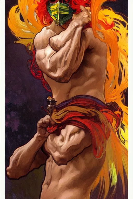 Image similar to A man wearing colorful mask, hair like fire, muscular, painting by greg rutkowski and alphonse mucha