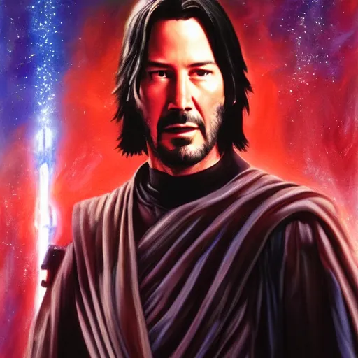 Image similar to Keanu Reeves as a Jedi in Star wars, oil painting, 4K