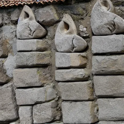 Prompt: the stone walls are inlaid with numerous ear sculptures