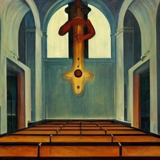 Image similar to apocalyptic scene, prayer, occult, refugees, mosque synagogue interior, gas masks, geometric art, patina, Edward Hopper, PJ Crook