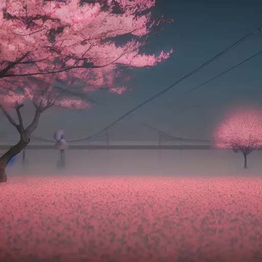 Image similar to A beautiful japanese landscape with sakura trees, apocalyptic style, Simon Stålenhag, 4k, ultrarealistic, octane render, volumetric lighting