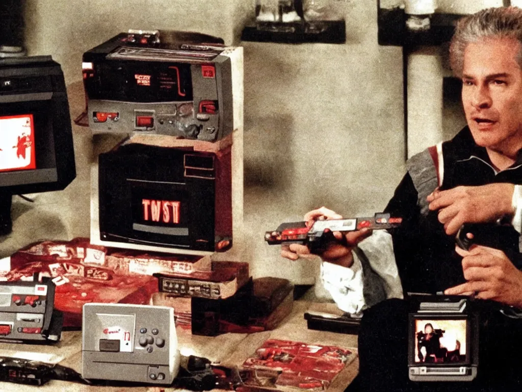 Image similar to bob from twin peaks eating a nes video console