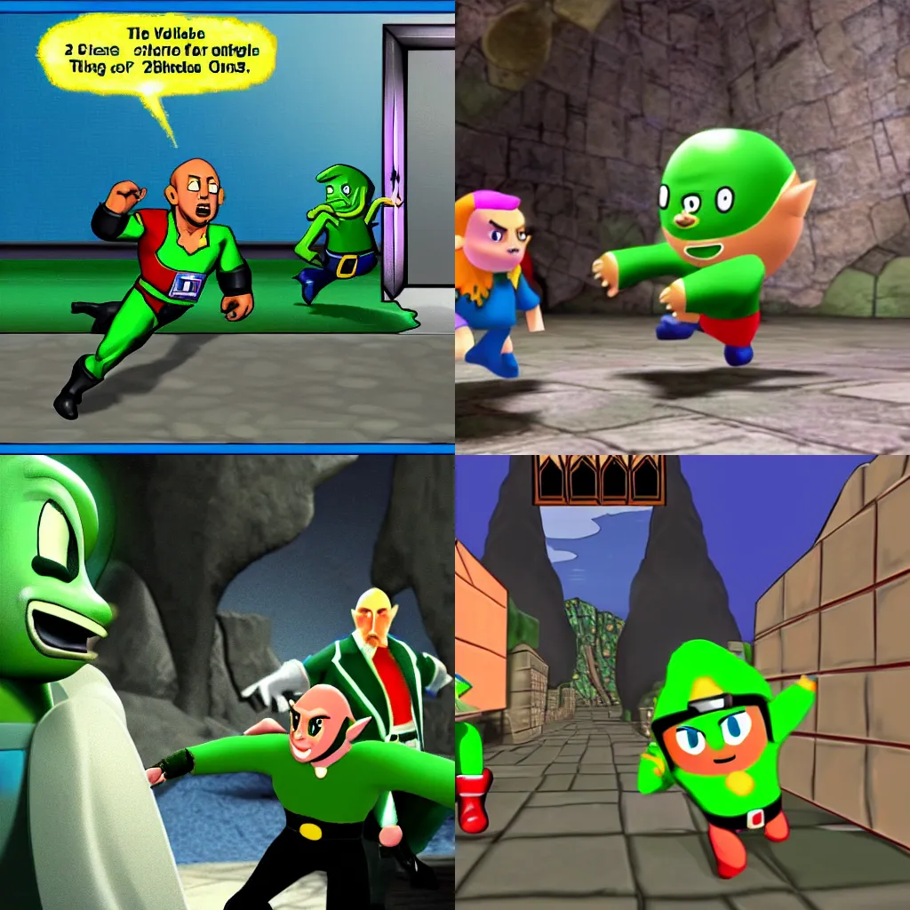 Prompt: The Rock being chased by Tingle from Zelda in the backrooms