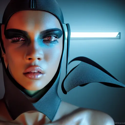 Prompt: futuristic yeezy inspired avant-garde art, deco fashion, highly detailed, photorealistic portrait, bright studio setting, studio lighting, crisp quality and light reflections, unreal engine 5 quality render