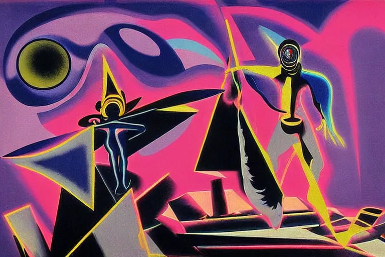 Image similar to a beautiful masterpiece painting of the technomancer wizard in dazzle camouflage robes with pointed hoods and his ai djinn performing psychic television on a crt tv by remedios varo and anato finnstark and greg rutkowski and andy warhol and francis picabia, dayglo pink, dayglo blue, dazzle camouflage, glowing, pearlescent white, raven black