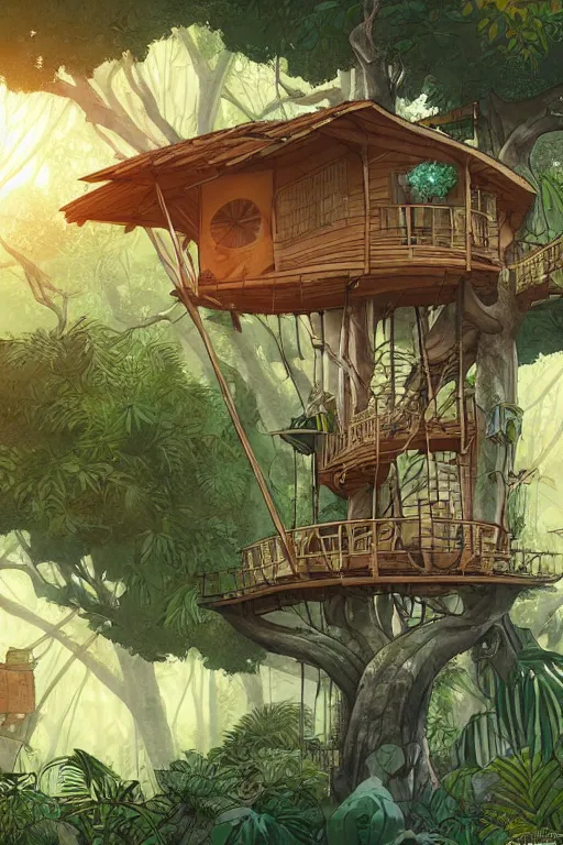 Image similar to a tree house in the jungle, sunshine, by alba ballesta gonzalez and moebius. 4 k wallpaper, digital flat 2 d, japan animation, comic book, illustration, cinematic lighting, smooth sharp focus.