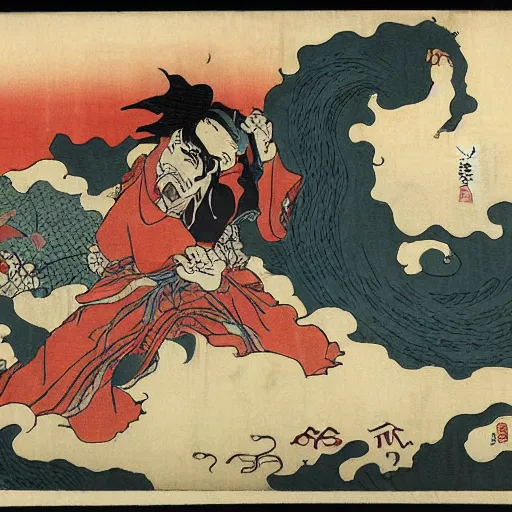 Prompt: repressed monsters and yokai of the imagination break free in a fiery revolution, by Hokusai