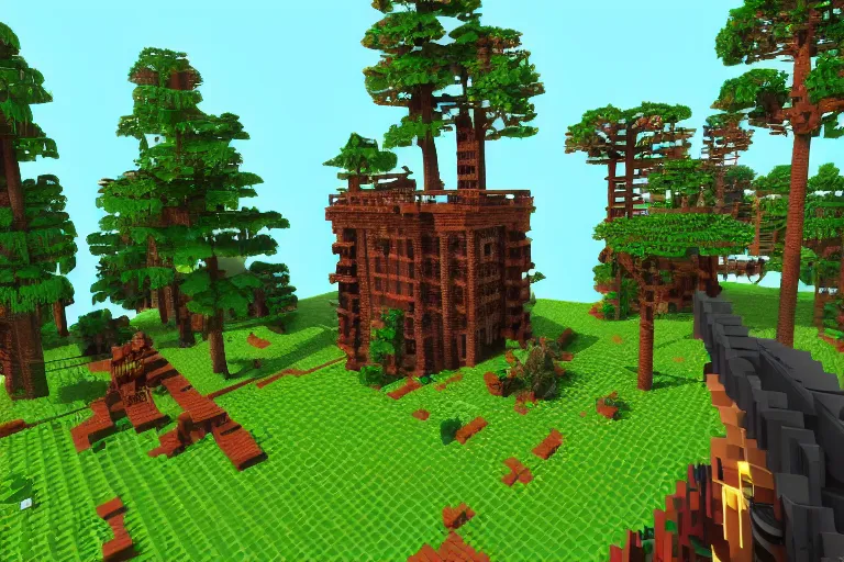 Prompt: screenshot of a 3d voxel art fps game with fantasy style woodland mansion with cogwheeled mechanic doors in an ancient forest