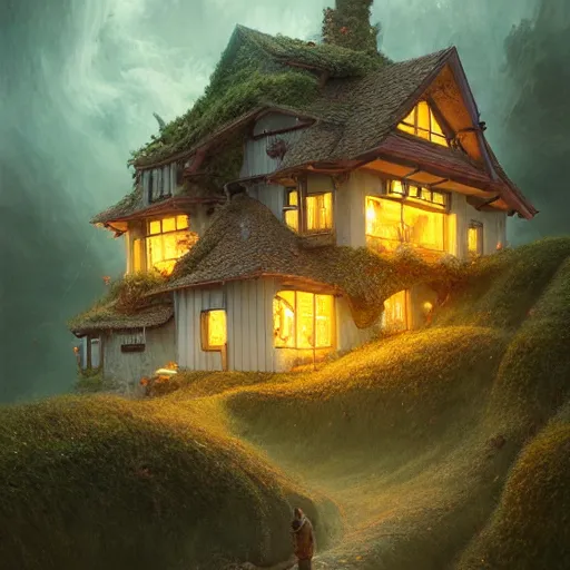 Image similar to small hillside house made of honey and milk, modern lighting, hyper - realistic, hyper - detailed, 8 k, octane rendered, art nouveau, organic, flowing, impossible torsion, writhing, dusk, lush, dynamic, in the style of ross tran and jean baptiste monge