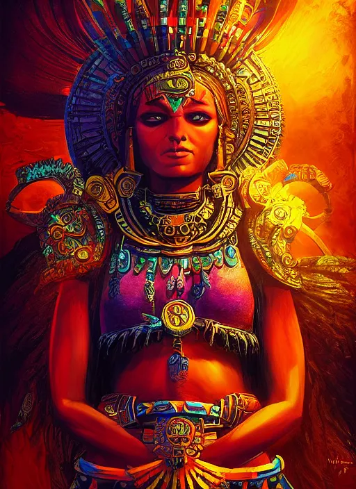 Image similar to aztec sun goddess in a temple, vivid colors, dark shadows, contrast, concept art, sharp focus, digital art, Hyper-realistic, 4K, Unreal Engine, Highly Detailed, Dramatic Lighting, Beautiful, by Brom, bastien lecouffe-deharme