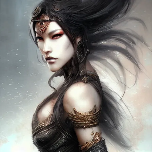 Prompt: beautiful women with oriental faces, character portrait, sharp, digital matte painting, art by luis royo, greg rutkowski, trending on artstation