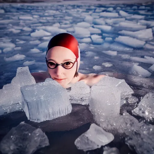 Image similar to a photo of a female swimming in a block of ice, 5 0 mm lens, f 1. 4, sharp focus, ethereal, emotionally evoking, head in focus, volumetric lighting, 8 k