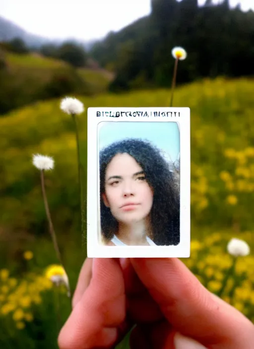 Prompt: instax mini portrait of a woman holding a dandelion in the berkeley hills