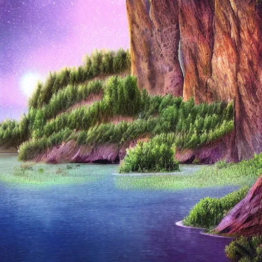 Prompt: digital art of a lush natural scene on an alien planet by dangiuz. beautiful landscape. weird vegetation. cliffs and water.