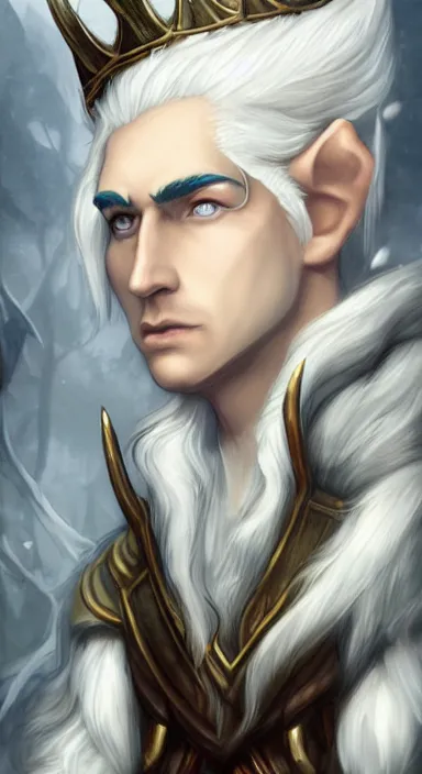 Prompt: the prince of frost standing alone in his court, single person, archfey, head and shoulders portrait, fantasy, white hair, blue skin, wild eyebrows, young adult, elf, crown, hard edges, soft lighting, professional lighting, trending on artstation