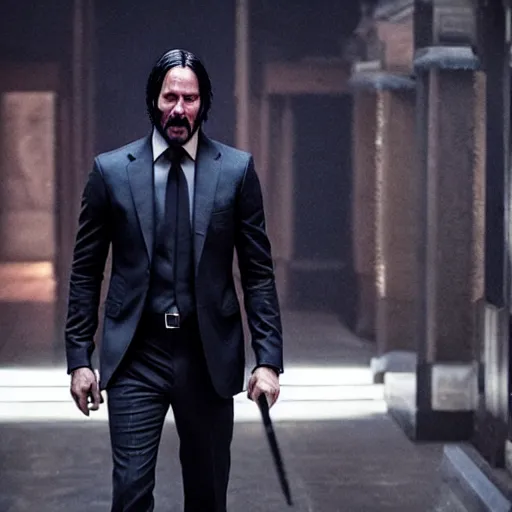 Image similar to john wick with the avengers, dramatic, epic, cinematic, key moment, lighting effects