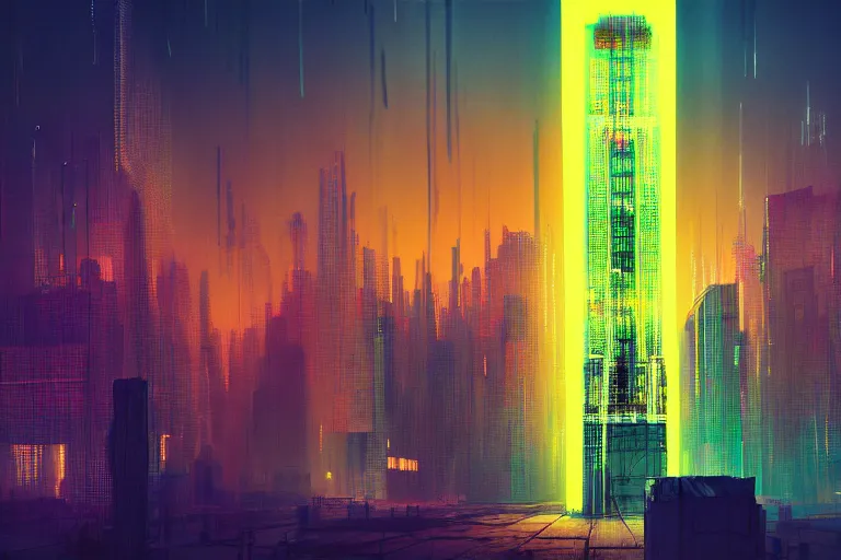 Prompt: cyberpunk tower, multilayer glitch effect in spatial perceptron synapses, matte painting, 4 k, epic composition, volumetric light, abstract illusionism, by robert rauschenberg, konstantinas ciurlionis, jean - michel basquiat, pour paint, modern street art, grunge wall, industrial