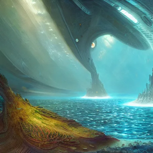 Prompt: a stunning painting of alien underwater landscape of lush flora, remnants of old spaceship, sea creatures emerging, morning, by Giger and Ralph McQuarrie and Bruce Pennington, cinematic lighting, hyper realism, high detail, octane render, 8k, iridescent accents