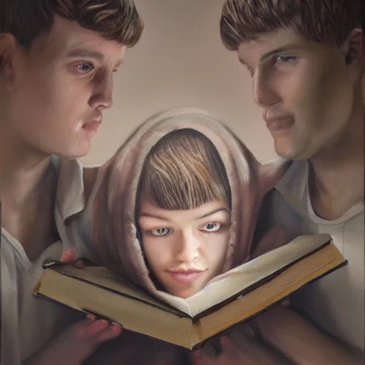 Image similar to a realistic painting of three male and one female characters emerging from inside a book, trending on artstation, detailed digital art