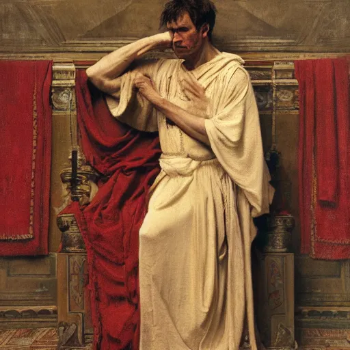 Image similar to the end is near. a tired julius caesar is sitting on a throne. portrait. face is highly detailed. intricate. splices of red are running down his toga. close shot. dark background. soft light. imagined by jeremy lipking and alphonse mucha