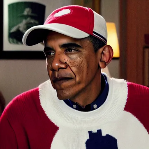 Image similar to riverdale still of obama wearing suspenders, a white varsity sweater with a varsity letter r, and a propeller cap, cap with a propeller on it