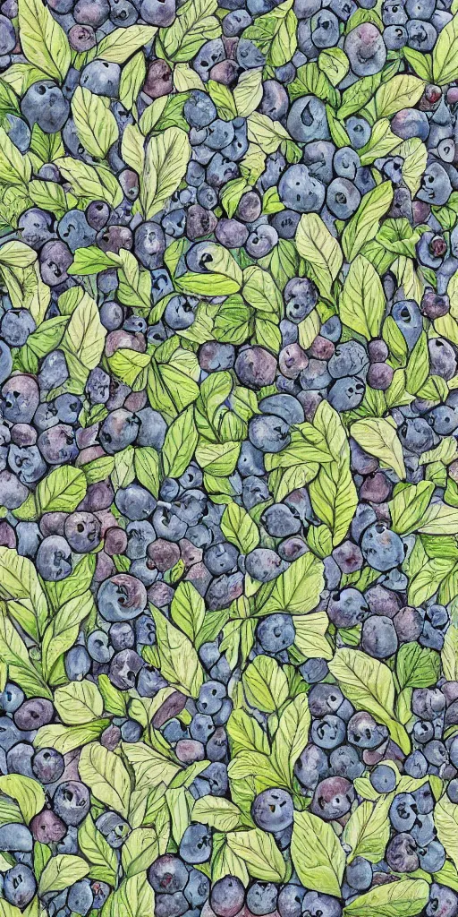 Image similar to horizontal medium close-up knee height botanical drawing of bushes with blueberries in a forest. Traditional art. Rustic. Nordic. 4K. Trending on artstation. Bushy. Nature. Artistic.