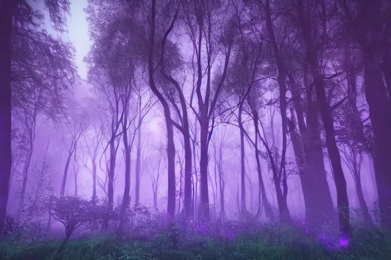 ancient magical dark forest, tall purple and pink