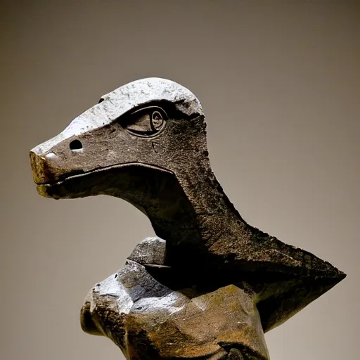 Image similar to ancient Irish, iron age, photo of stone carved statue of a dinosaur, in museum room