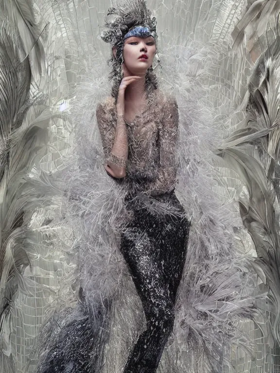 Prompt: realistic 3d character render of a beautiful model in the bergdorf goodman windows, veiled, embellished sequined,feather-adorned,by tom bagshaw,Cedric Peyravernay,Peter Mohrbacher,William Holman Hunt,William Morris,Catherine Nolin,metropolis,Gucci,Dior,trending on pinterest,maximalist,glittering,feminine