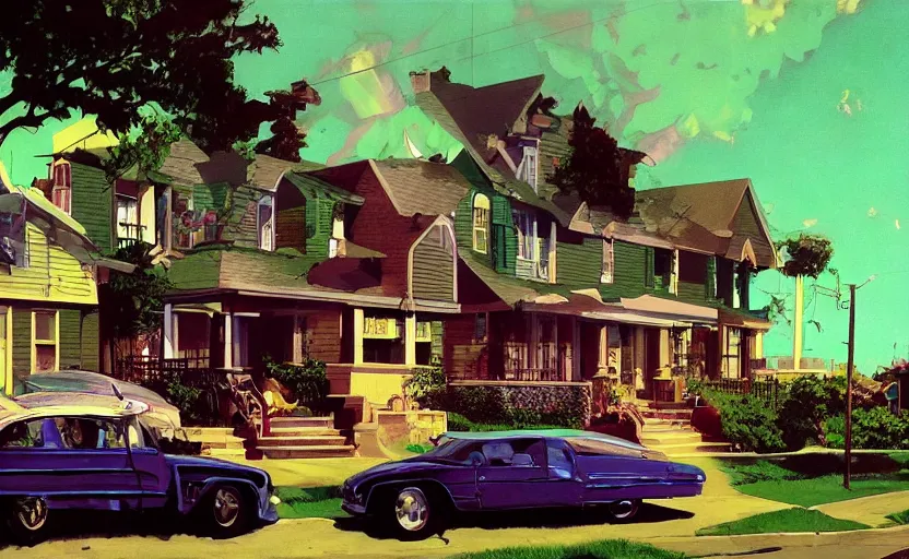 Image similar to a suburban neighborhood with deep green and purple glowing clouds. highly detailed science fiction painting by norman rockwell, frank frazetta, and syd mead. rich colors, high contrast, gloomy atmosphere, dark background. trending on artstation.