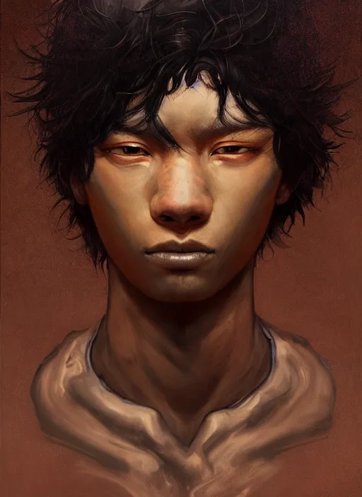 Image similar to prompt : portrait soft light painted by james jean and katsuhiro otomo and erik jones, inspired by akira anime, epic fantasy, a young long haired peasant boy with dark skin, brown skin, a dark complexation in plain fantasy clothing with intelligent eyes, intricate oil painting, high detail illustration, sharp high detail