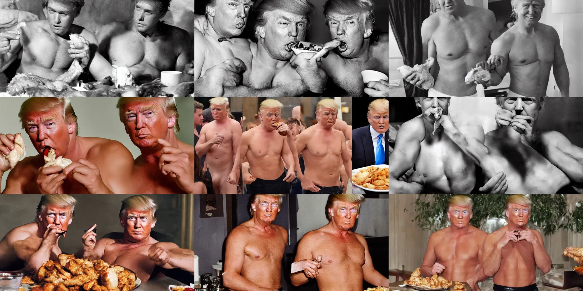 Prompt: shirtless donald trump looking seductive in camera while eating chicken