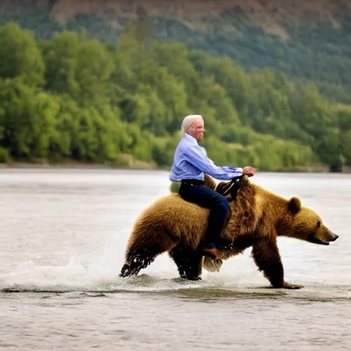 Image similar to high quality photograph of joe biden riding a bear across a river, golden hour