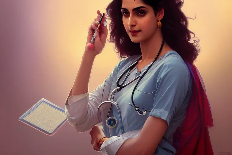 Image similar to sensual pale beautiful indian doctor in jeans with stethoscope, art deco portrait, elegant, intricate, digital painting, artstation, concept art, smooth, sharp focus, illustration, art by artgerm and greg rutkowski and alphonse mucha