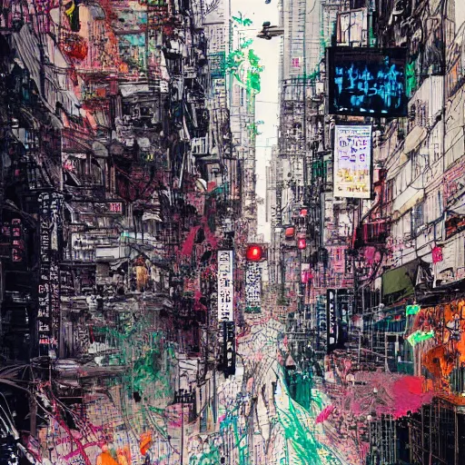 Prompt: a messy portrait of a busy hong kong street corner, in the style of carne griffiths