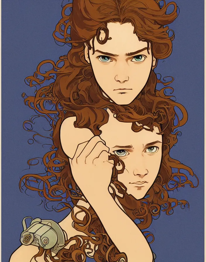Prompt: art nouveau portrait of a young super hero with curly light brown hair, brown eyes, serious facial expression, gloomy mood, angry, t - shirt, natural lighting, path traced, highly detailed, high quality, cartoon, digital painting, by don bluth and ross tran and studio ghibli and alphonse mucha