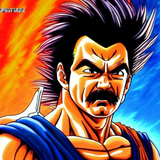 Prompt: ultra realistic portrait painting of tom selleck as goku, art by akira toriyama, 4 k, dragon ball artstyle, cel shaded, highly detailed, epic lighting