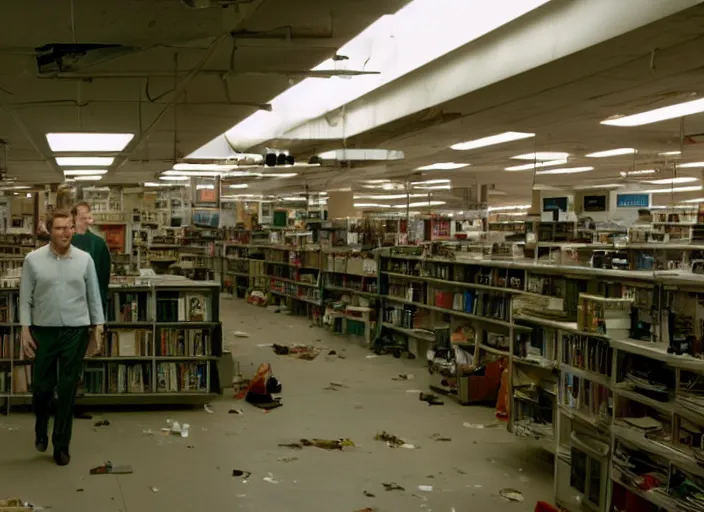 Prompt: cinematic wide shot of backlit windows of a narrow used electronics store, bryan cranston wanders the messy aisles, keyboards, iconic scene from the paranoid thriller sci fi film directed by wes anderson, anamorphic cinematography, beautiful composition, color theory, leading lines, photorealistic, volumetric lighting