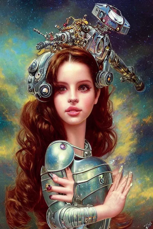 Image similar to cute shiny robot Lana Del Rey look-alike, Lilia Alvarado, Sophie Anderson, Mark Arian, Bob Byerley, Charlie Bowater, Mark Brooks, Steve Henderson, Justin Gerard, Arthur Hughes, Edward Robert Hughes, Mark Keathley, Victor Nizovtsev, Carlos Shwabe, Ross Tran, WLOP