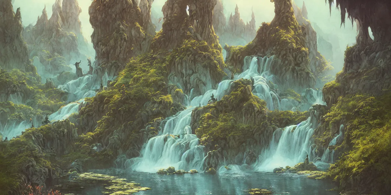 Image similar to gouache masterpiece depicting Idyllic fantasy landscape, waterfalls, castle, willows, mystical, magical, Edmund Dulac and Andreas Rocha, Hyperdetailed, stylized, Artstation