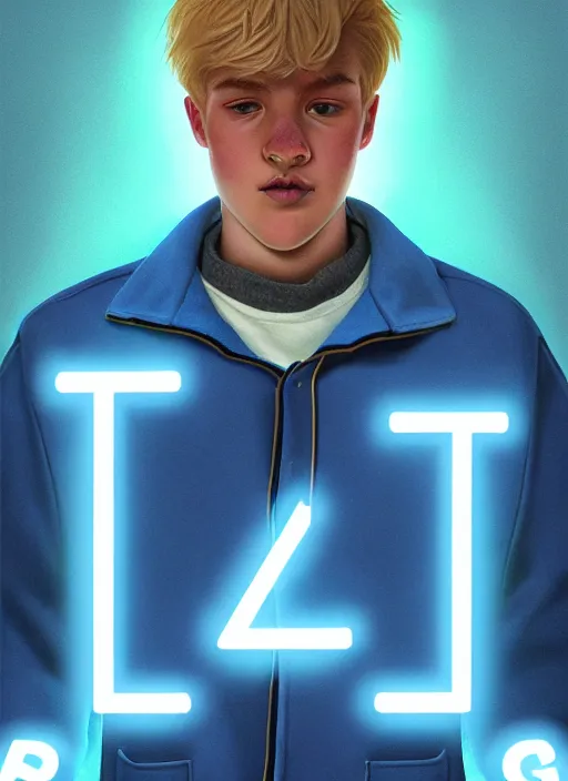 Image similar to portrait of high school senior boy named big moose, blonde short hair, jock, beefy, wide face, square jaw, square facial structure, blue varsity jacket with letter r, intricate, elegant, glowing lights, highly detailed, digital painting, artstation, concept art, sharp focus, illustration, art by wlop, mars ravelo and greg rutkowski