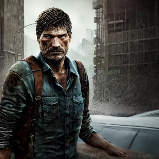 Image similar to Nikolaj Coster-Waldau as Joel in The Last Of Us, hyperrealism photo